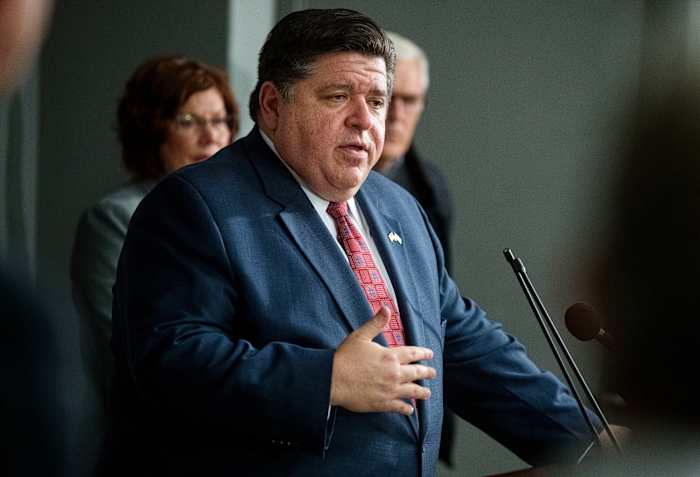 Illinois Gov. JB Pritzker addresses the media during a press briefing at the State Emergency Operations Center in Springfield, Ill., on March 16, 2020.